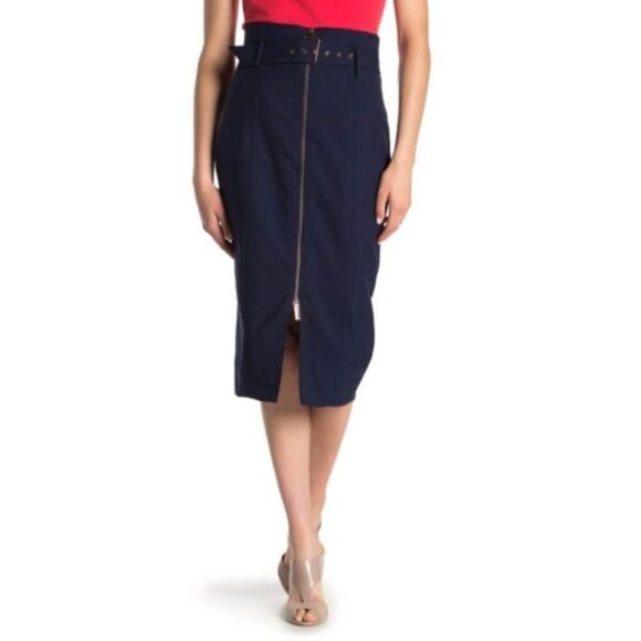 Ted Baker XL (5) Navy Kaara Midi Front Zip High Waist Belted Pencil Skirt - Picture 4 of 14